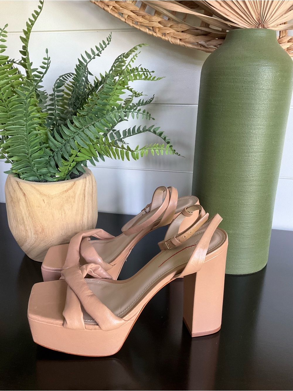 Saks Fifth Avenue Nude Platform Leather Sandal with Ankle Strap